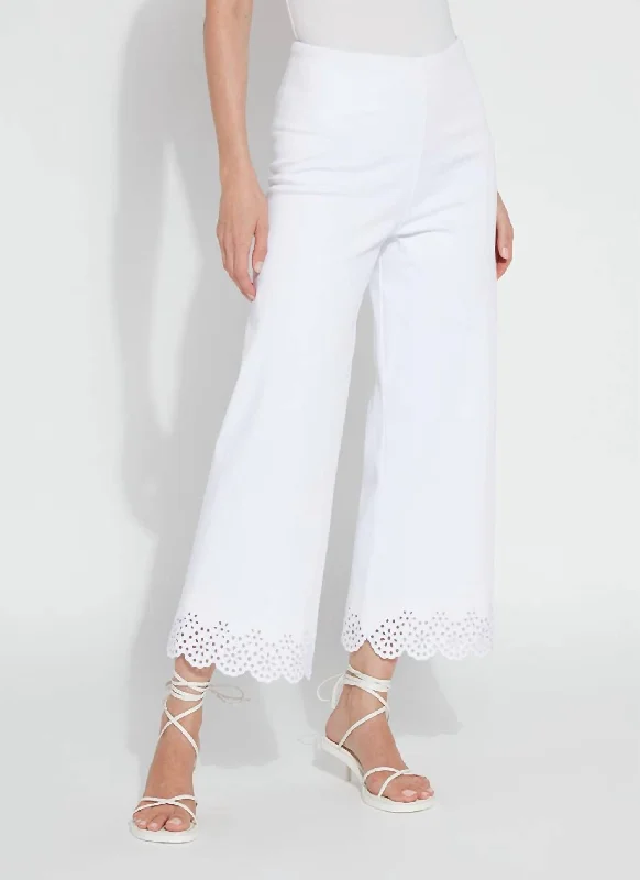 stretchy leggings for women -Cropped Embroidered Eyelet Wide Leg Pants In White