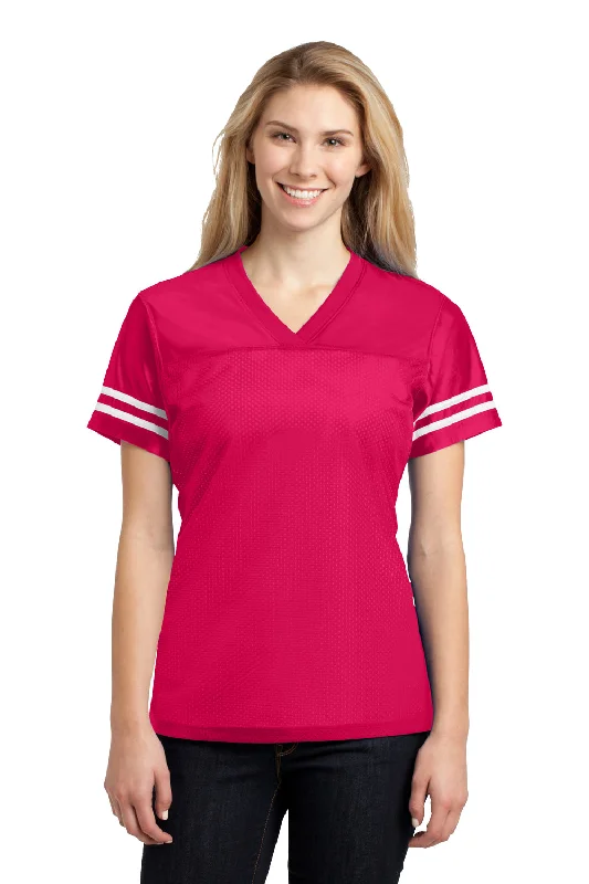 crop tops for women -Sport-Tek Womens Short Sleeve V-Neck T-Shirt - Raspberry Pink/White - Closeout