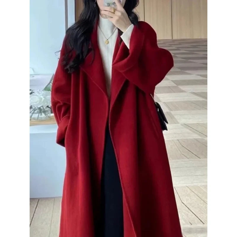 cropped jackets for women -Trendy Red Loose-fit Medium-length Woolen Spring New Thickened Short Coat