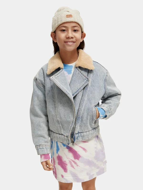 sporty jackets for women -Kids - Teddy lined denim biker jacket