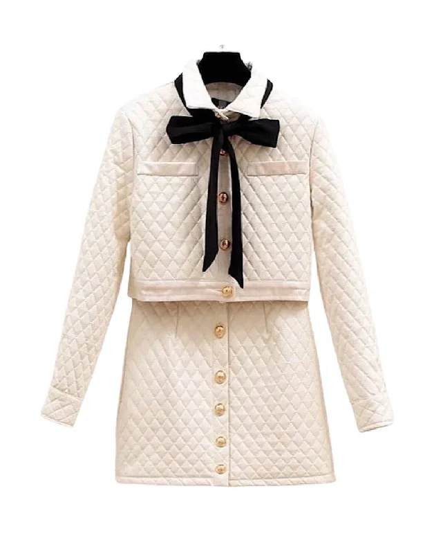 oversized coats for women -Padded Cotton Jacket Short Skirt Bow Tied Two Piece Set