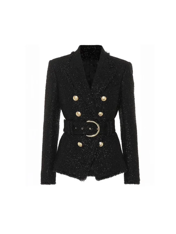 sporty windbreakers for women -Double Breasted Glittery Belted Blazer With Gold Buttons