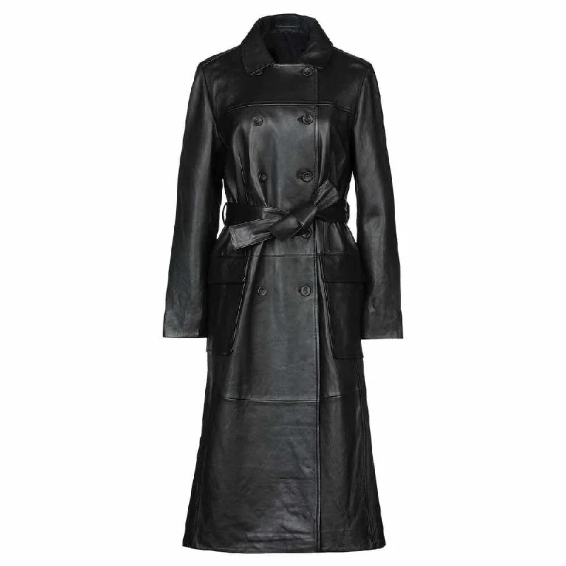 women's leather jackets -Double Breast Trench Black Leather Coat Women