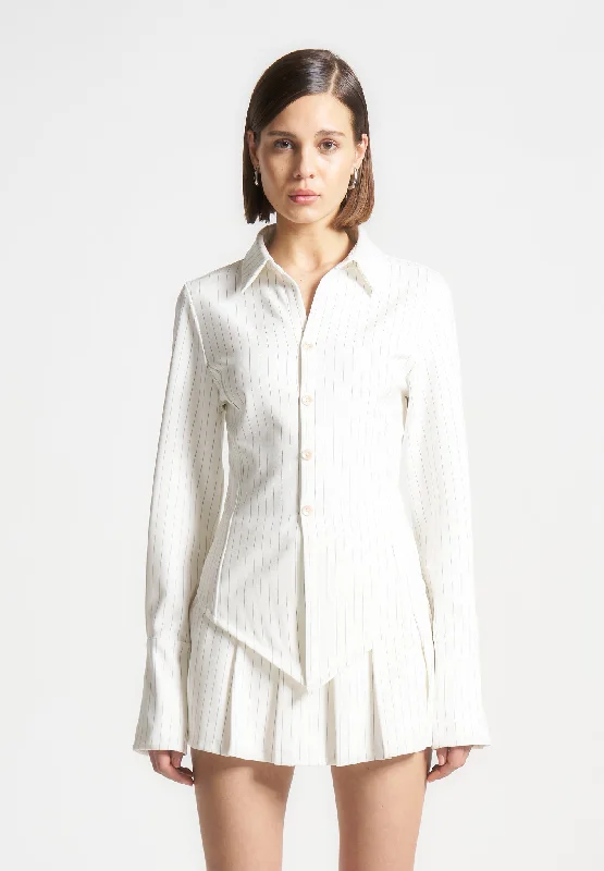 soft knitted blouses for women -Pinstripe Angled Shirt - White