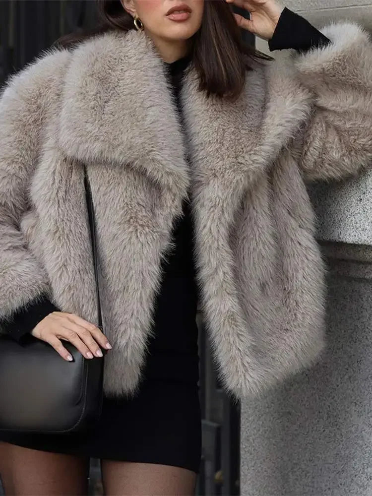 warm down coats for women -Fashion Faux Fur Solid Lapel Warm Chic Long Sleeve Crop Oversized Coat