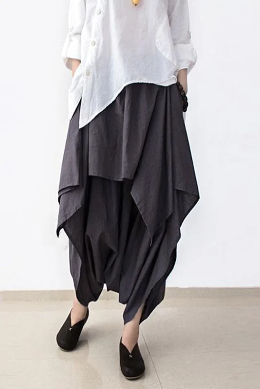 trendy flared trousers for women -Cotton Wide Leg Pants Gray Women Trousers P4101