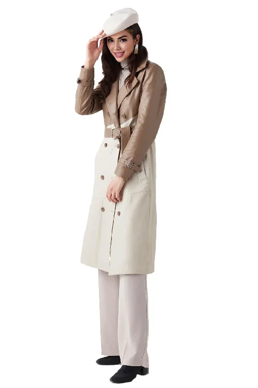 cropped jackets for women -Sofia Women's Beige Garnished Cappuccino Leather Trench Coat