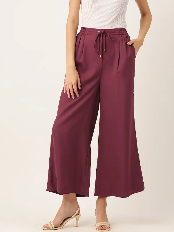 straight leg trousers for women -Rue Collection Maroon Relaxed Loose Fit High-Rise Pleated Culottes