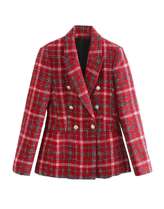 loose fit coats for women -Red Plaid Tweed Blazer