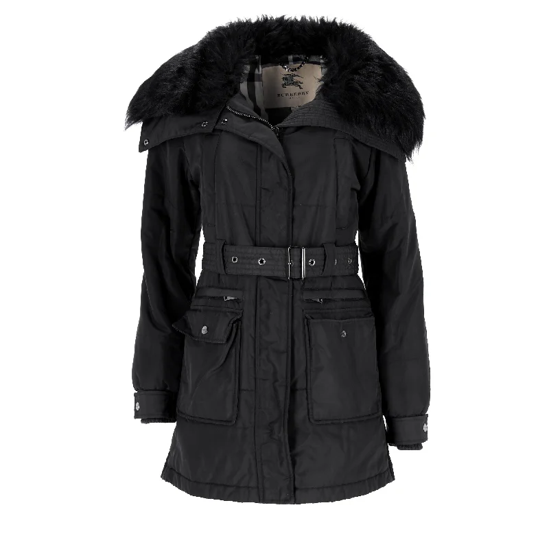 warm down coats for women -Burberry London Fur Trim Belted Trench Coat in Black Polyamide