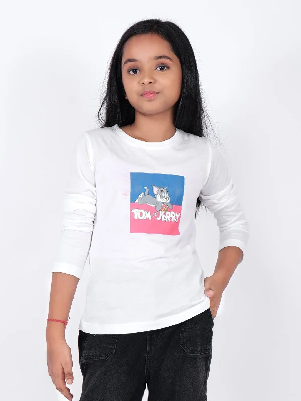 basic tops for women -Girls Graphic Printed Round Neck Cotton Tom & Jerry T-shirt