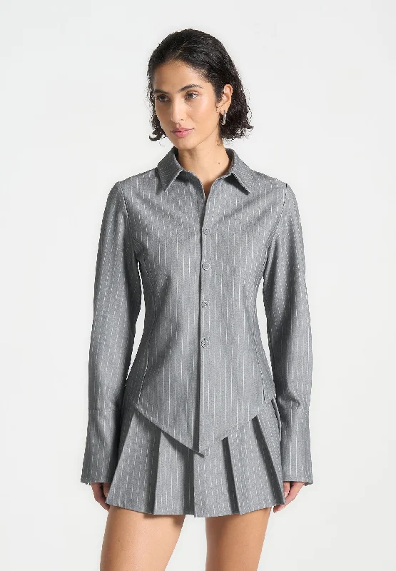 wool tops for women -Pinstripe Angled Shirt - Grey