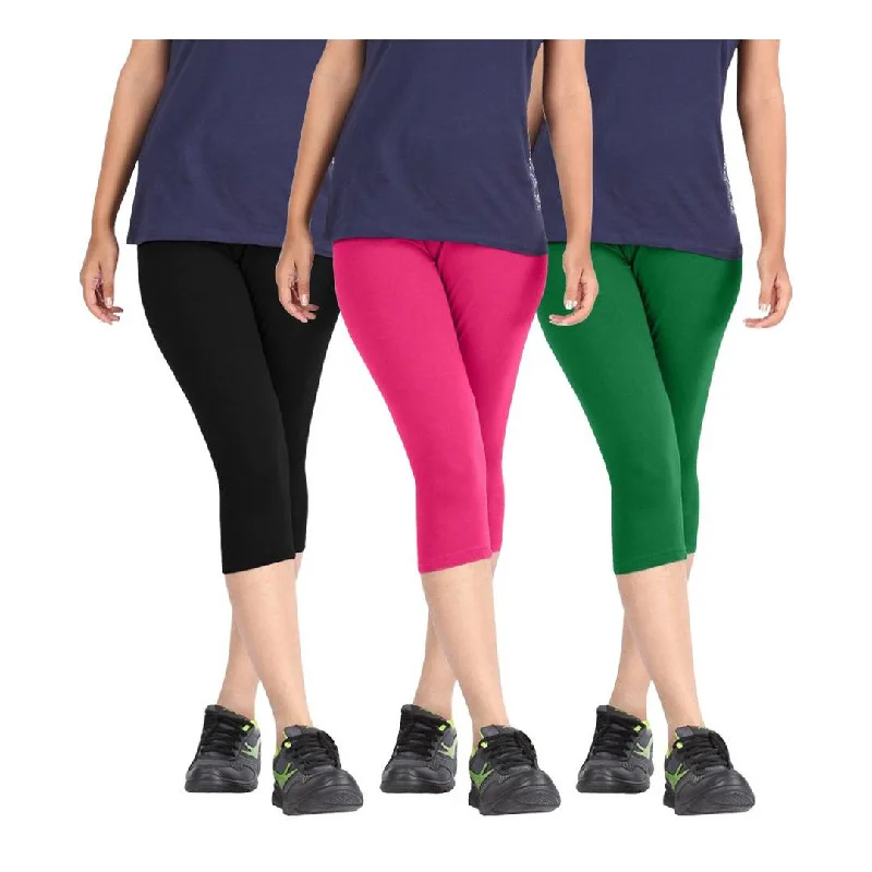 ruched pants for women -Women's Cotton Lycra Biowashed Capri Leggings Combo Pack of 3 (Black, Pink ,Green)