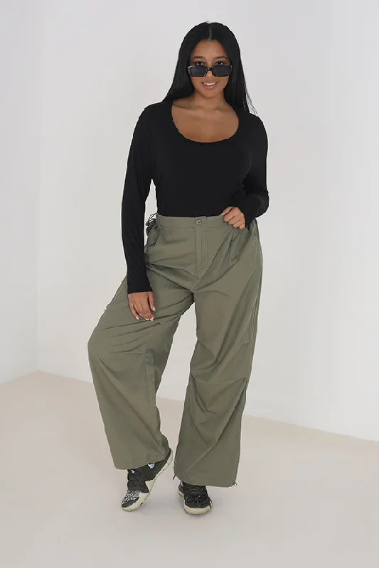 soft knit trousers for women -PLUS SIZEW KHAKI WIDE LEG UTILITY CARGO TROUSERS