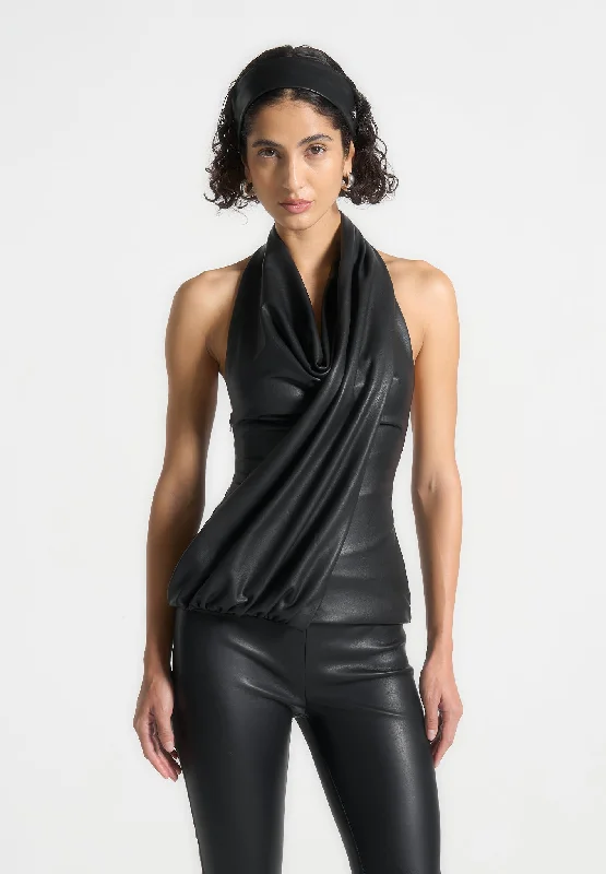 women's silk tops -Leather Draped Halterneck Top - Black