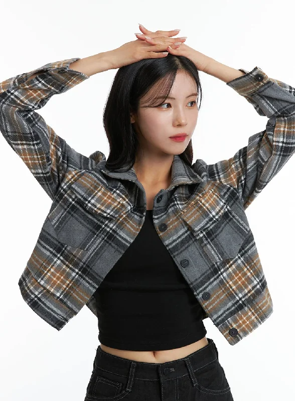 travel jackets for women -Checkered Crop Button Jacket OD307