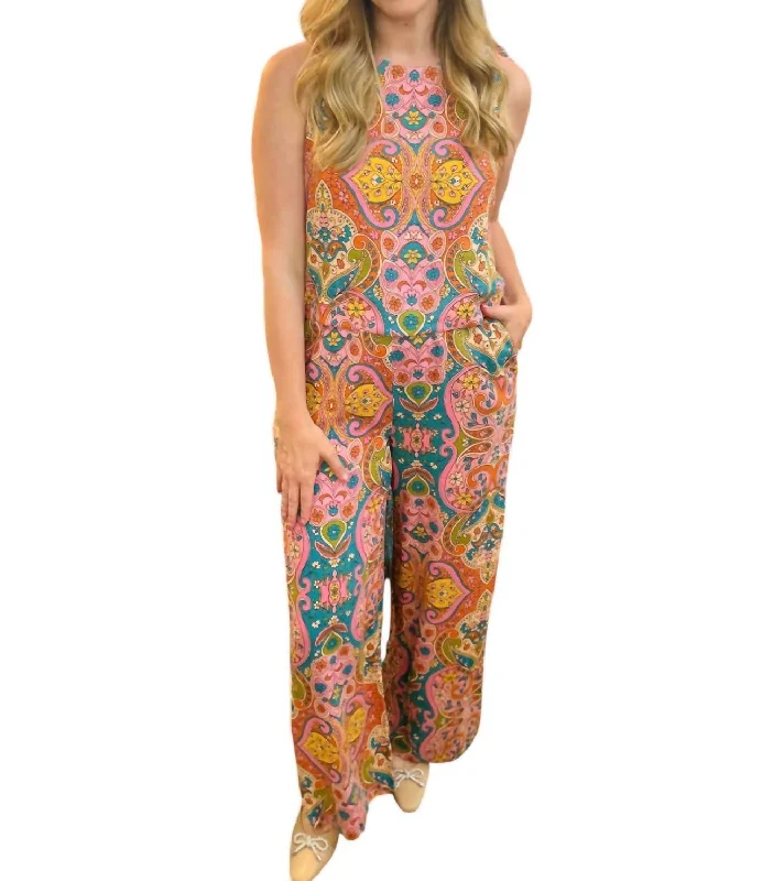 women's jogger pants -Paisley Print Wide Leg Pants In Coral