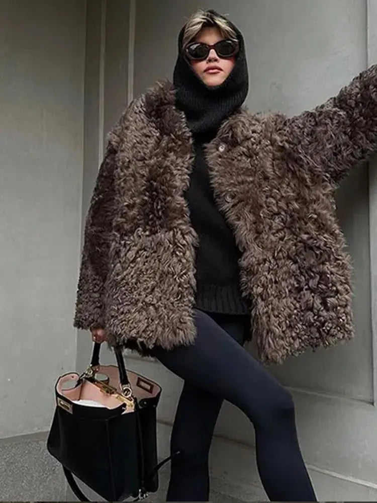 slim fit coats for women -Loose Plush Autumn Winter Stand Single-breasted Long Elegant Hairy Soft Coat