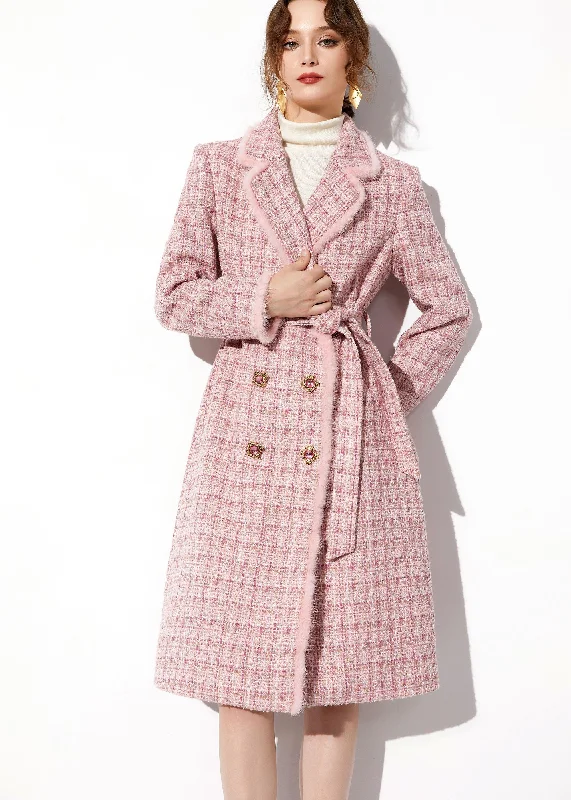 women's puffer jackets -Pink Mink Fur Trim Plaid Tweed Coat