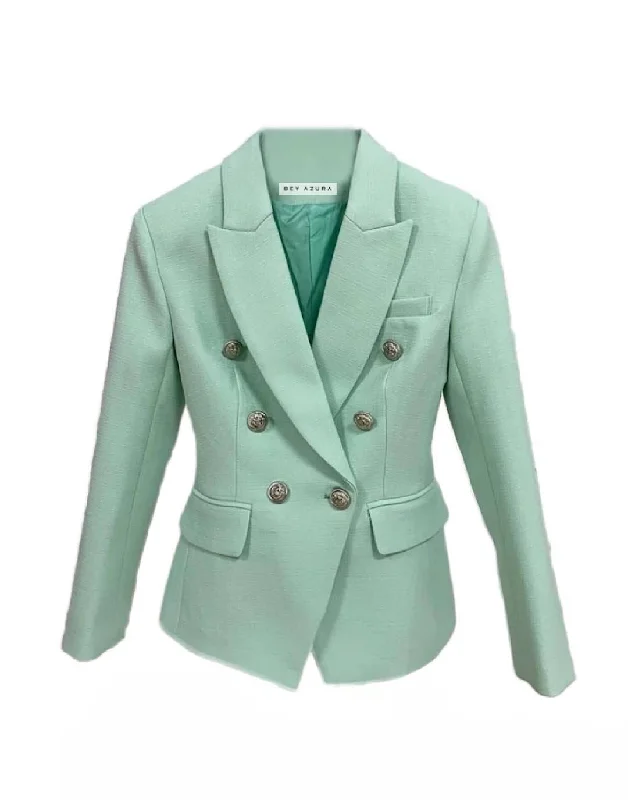 oversized winter coats for women -Mint Green Silver Buttoned Double Breasted Blazer