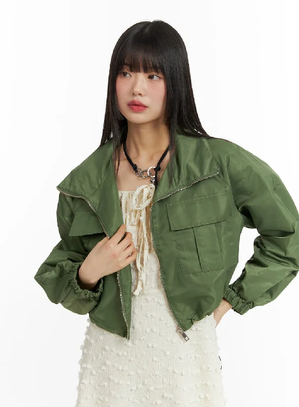 longline coats for women -Zip-Up Crop Bomber Jacket CF422