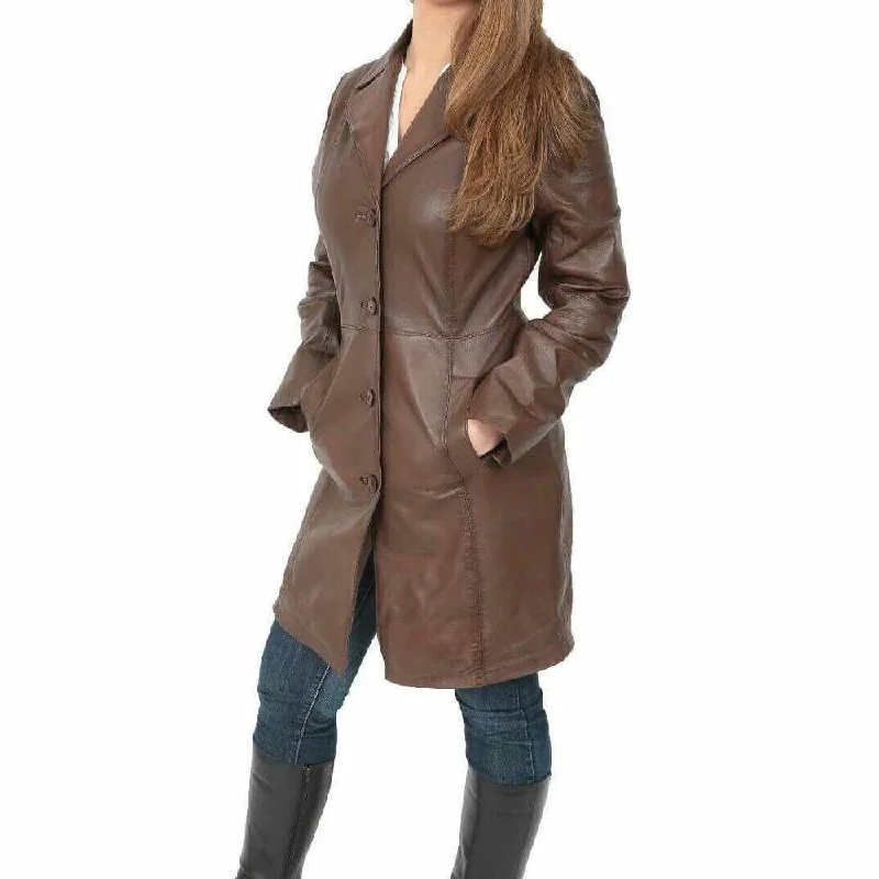 elegant coats for women -Mid Length Brown Leather Trench Coat Women