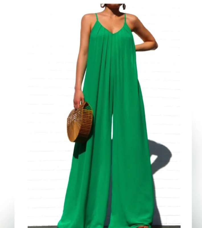 bell-bottom pants for women -Loose Fit Woven Jumpsuit In Green