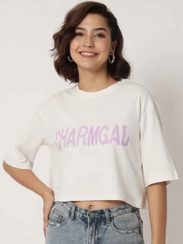 women's summer blouses -Typography Printed Boxy Fit Crop T-shirt