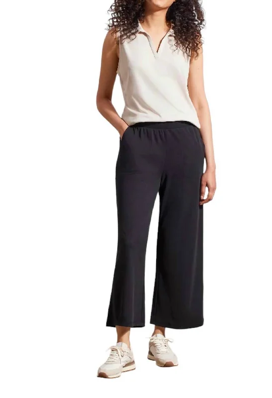 oversized pants for women -Sporty Ribbed Wide Leg Capri Pants In Black