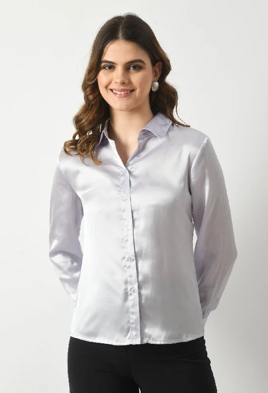 oversized t-shirts for women -SMERA MART Women Solid Satin Formal Ladies Shirt for Women - Light Blue