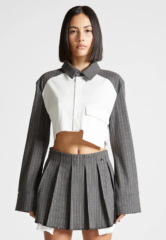 peplum tops for women -Pinstripe Contrast Cropped Shirt - Grey