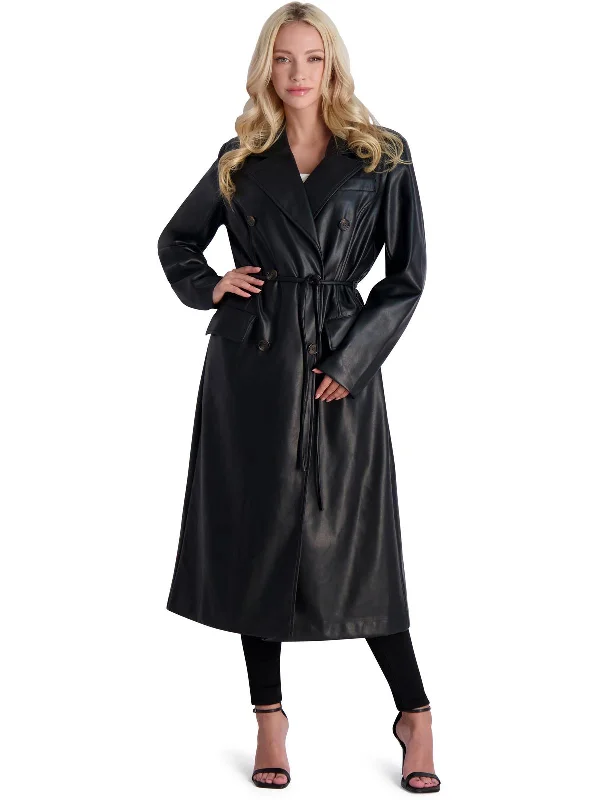 plus size coats for women -Womens Faux Leather Tie Waist Trench Coat