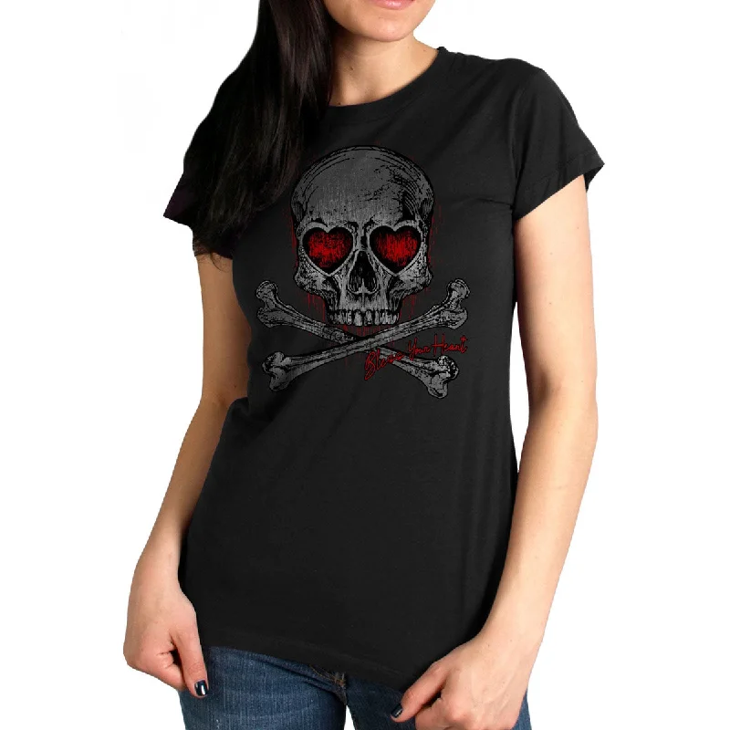 zip-up tops for women -Hot Leathers GLR1555 Ladies Black Heart Eyes Skull T-Shirt