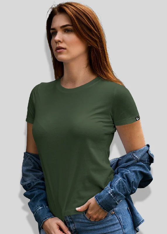 button-up shirts for women -Women Solid Half Sleeve T-Shirt - Basil Green