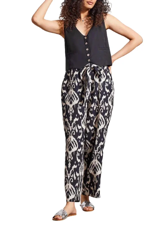 women's cargo pants -Printed Pull-On Belted Pants In French Oak