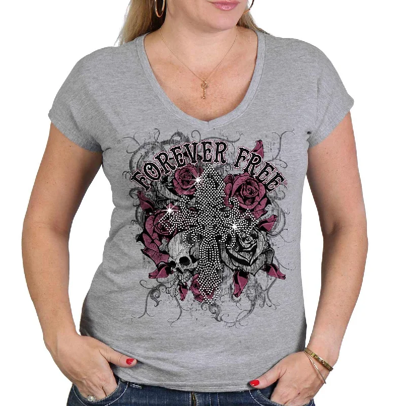 women's bohemian tops -Hot Leathers GLC1557 Ladies Heather Gray Forever Free Cross Bling T-Shirt