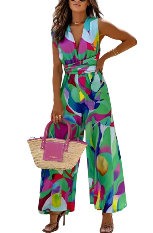 embroidered trousers for women -Valina Tie Up Abstract Wide Leg Jumpsuit In Green