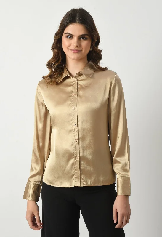 crop tops for women -SMERA MART Women Solid Regular Fit Formal Satin Shirt - Golden