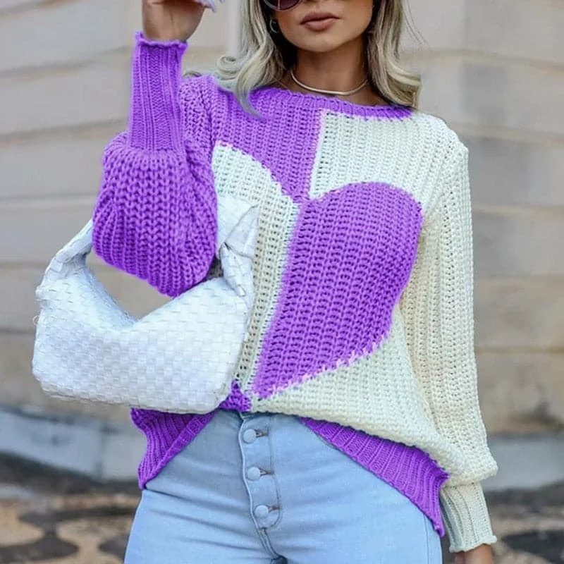 trendy crop tops for women -DressBetty - Elegant O Neck Love Print Patchwork Knitted Sweater