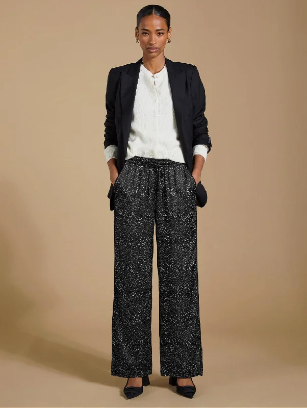 embroidered trousers for women -Mandy Printed Satin Trousers | Black Mini Spot