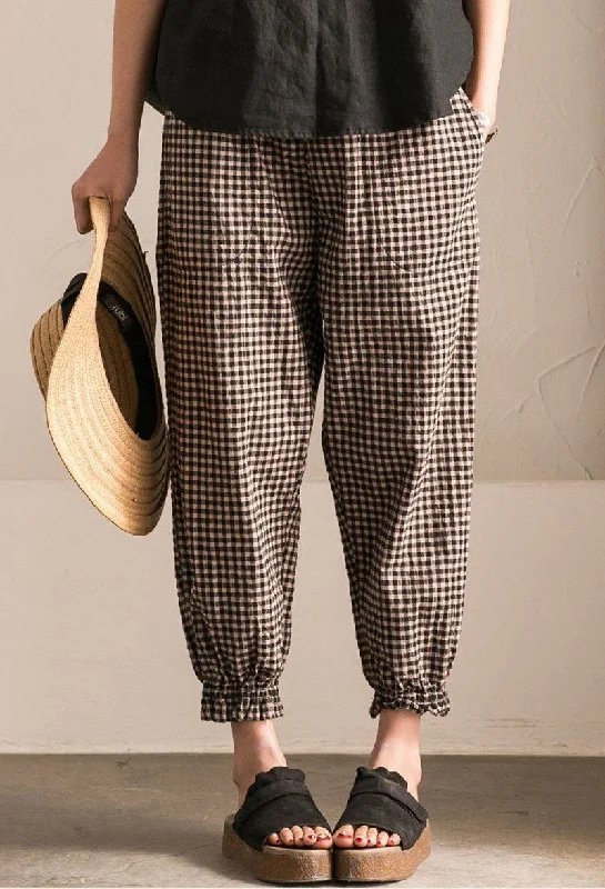 oversized pants for women -Art Casual Black White Grid  Pants Cotton Women Clothes K9653B 