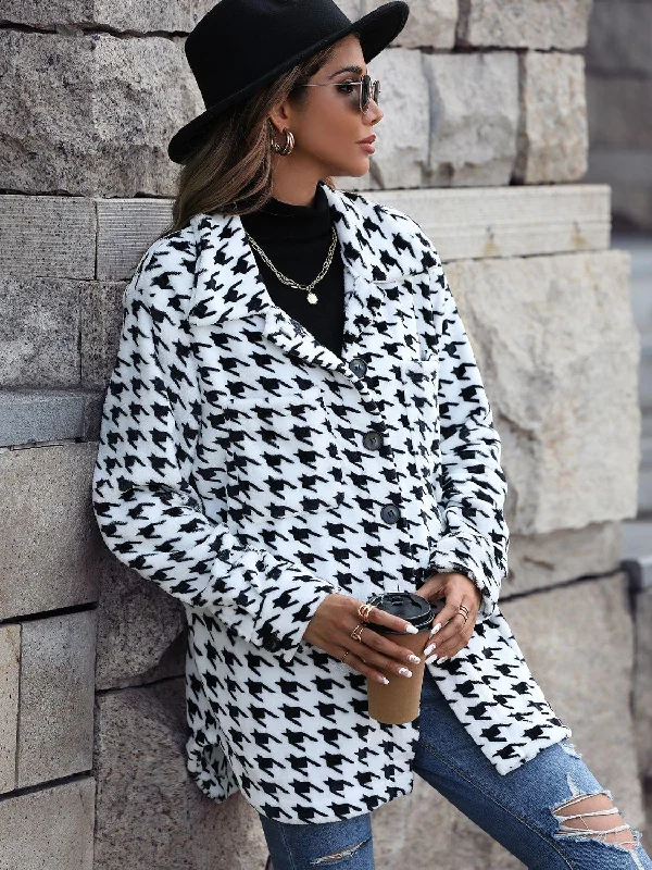 slim fit coats for women -Houndstooth Button Down Jacket