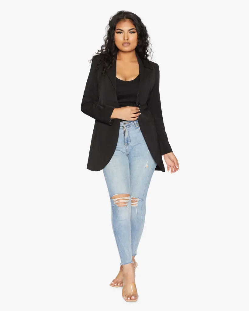 puffer vests for women -Curved Hem Longline Blazer