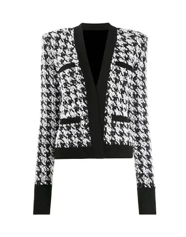 women's quilted jackets -Houndstooth Patterned Tweed Jacket