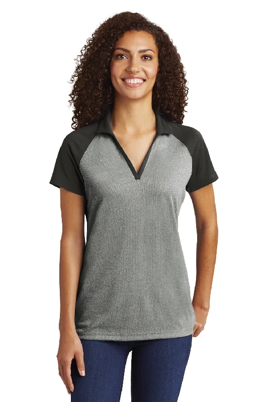 striped shirts for women -Sport-Tek Womens RacerMesh Moisture Wicking Short Sleeve Polo Shirt - Heather Grey/Black