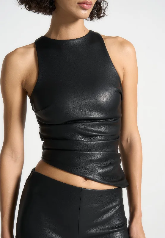 women's party tops -Leather Asymmetric Tacked Racer Top - Black