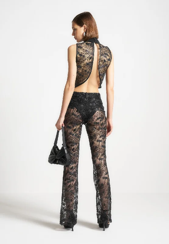 printed shirts for women -Embellished Lace Open Back Top - Black