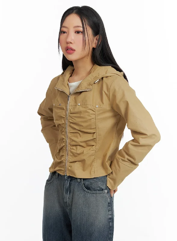 luxury winter coats for women -Shirring Hooded Zip-Up Bomber Jacket CF408