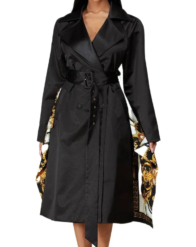 stylish jackets for women -Under The Moonlight Trench Coat In Black/gold Baroque