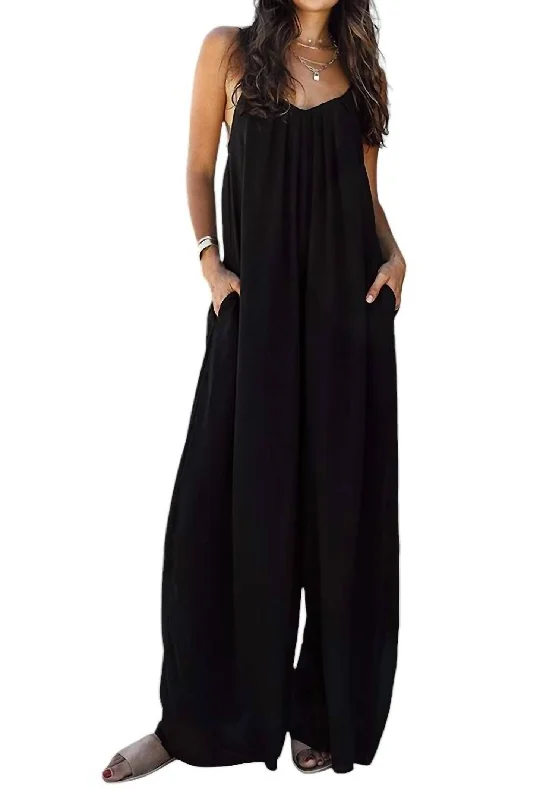 fashionable plaid pants for women -Pleated V Neck Jumpsuit Side Pocket In Black